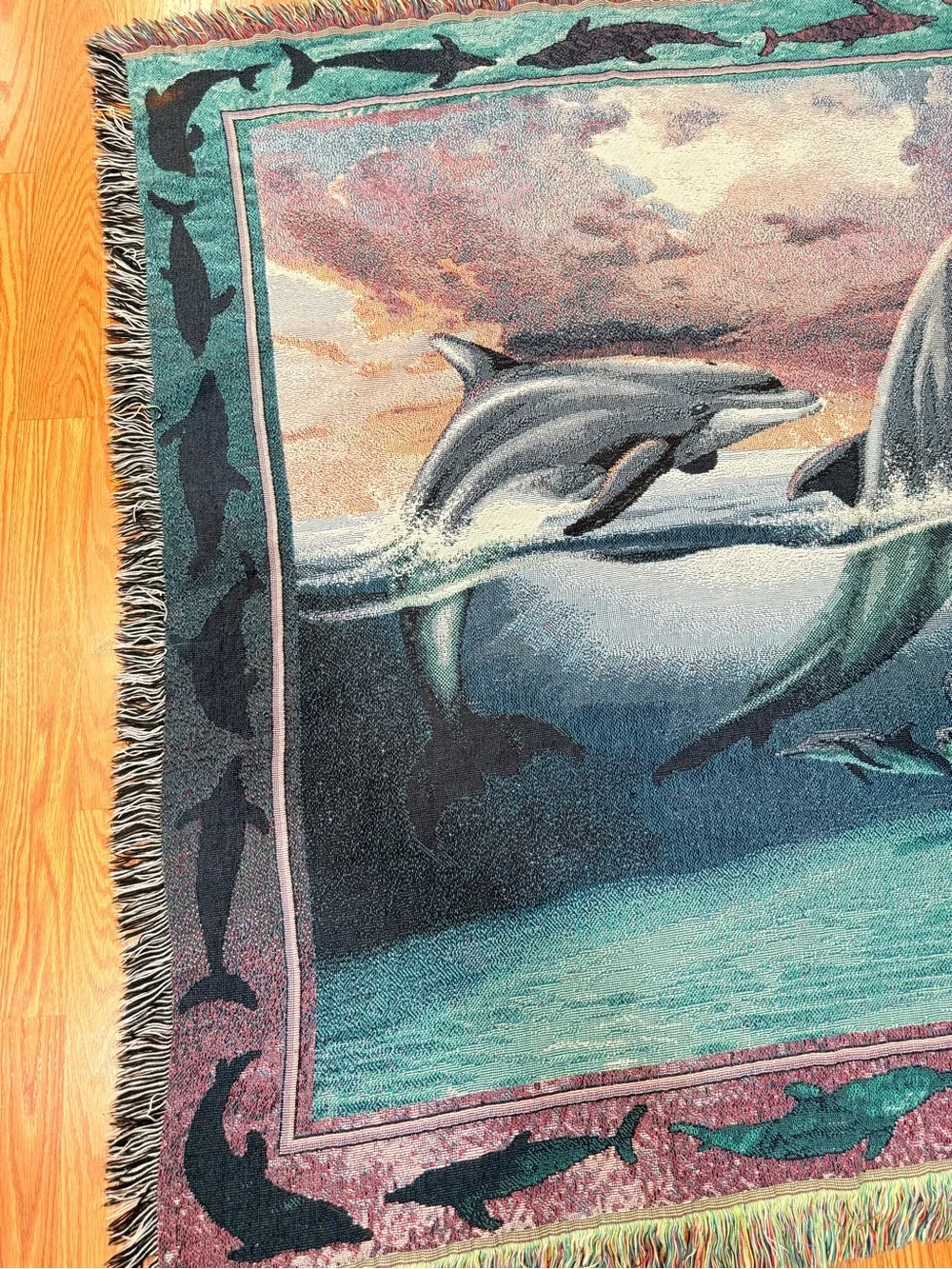 Vintage tapestry Dolphin Coastal Throw Blanket - Teal & Blue 54x48